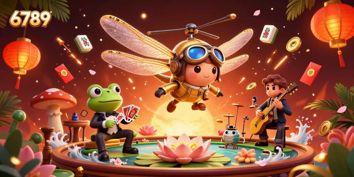 Engage with thrilling casino action as 6789 showcases vibrant characters like a dragonfly pilot and frog dealer.