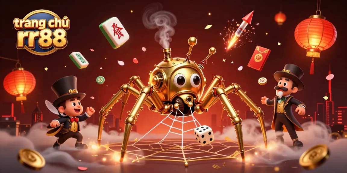 Experience the excitement at trang chủ rr88 featuring a steampunk spider creating a golden web among dazzling casino elements.