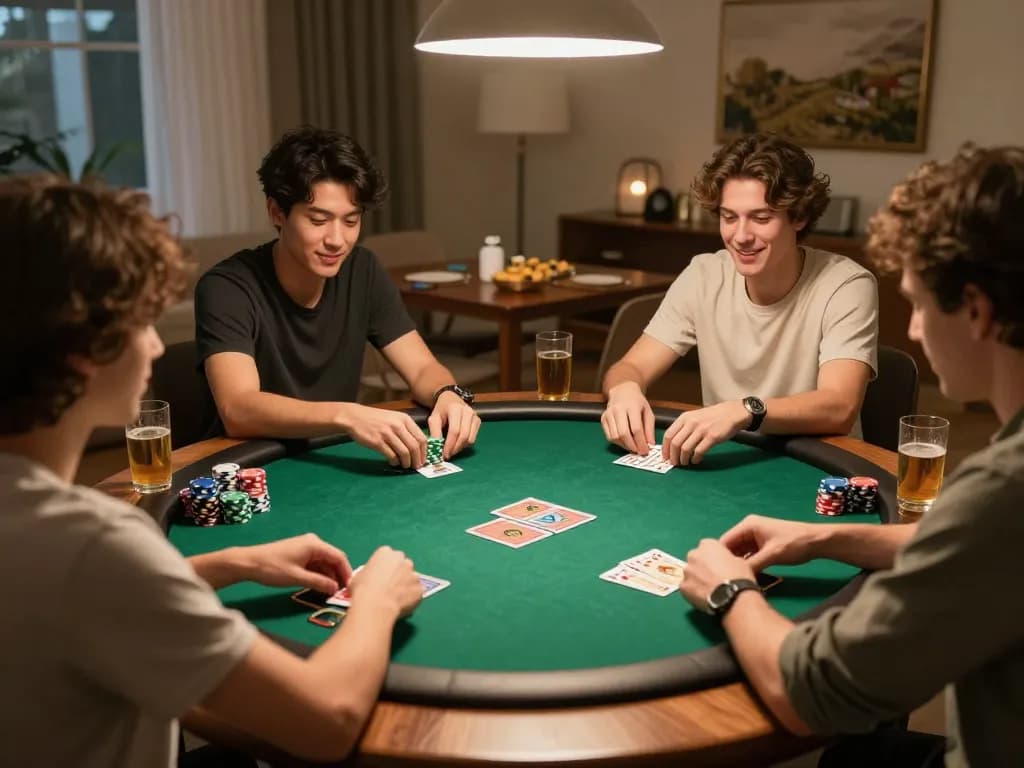 Friends enjoying a competitive poker game at home with 9BET atmosphere and dynamic action.