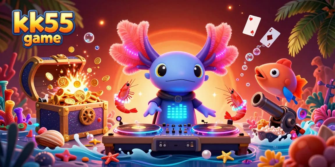Join the fun with kk55 game, a vibrant scene of an axolotl DJ and colorful sea creatures celebrating the thrill of online gaming.