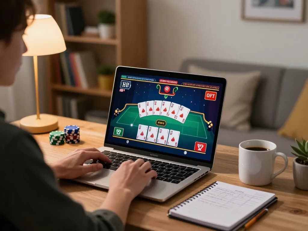Engaging online casino gaming session at home with ok fun video poker on laptop.