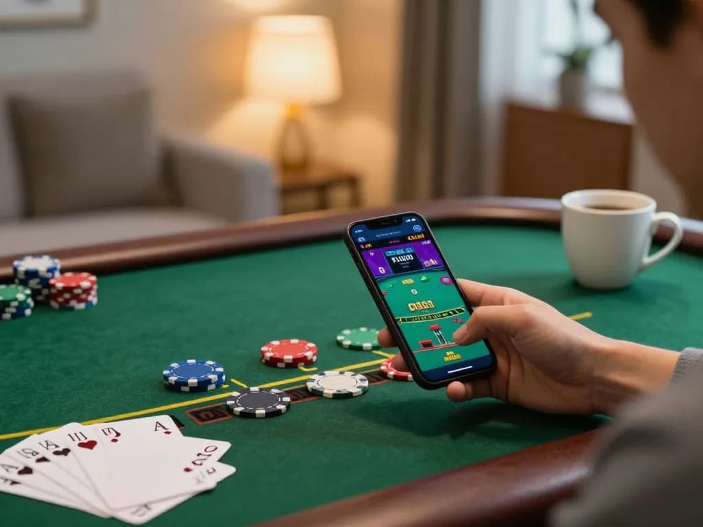 Engaged player using 789betviet for live dealer blackjack in cozy home setting.