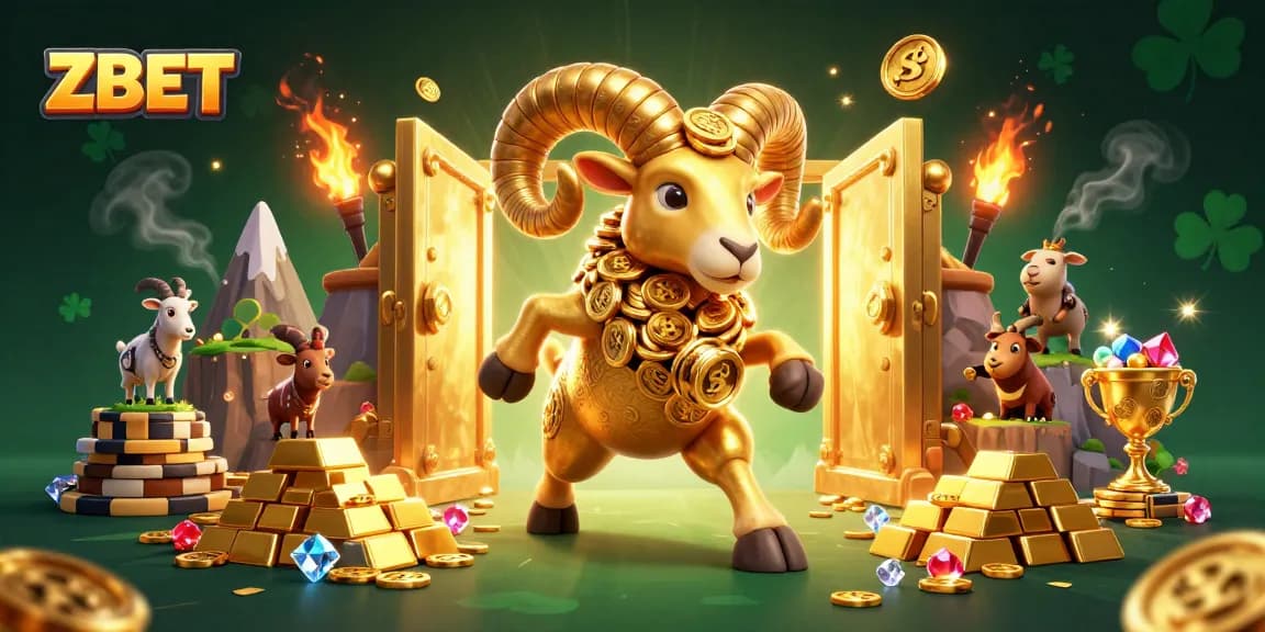 Experience thrilling wins with ZBET at a vibrant 3D casino featuring a charging golden ram.