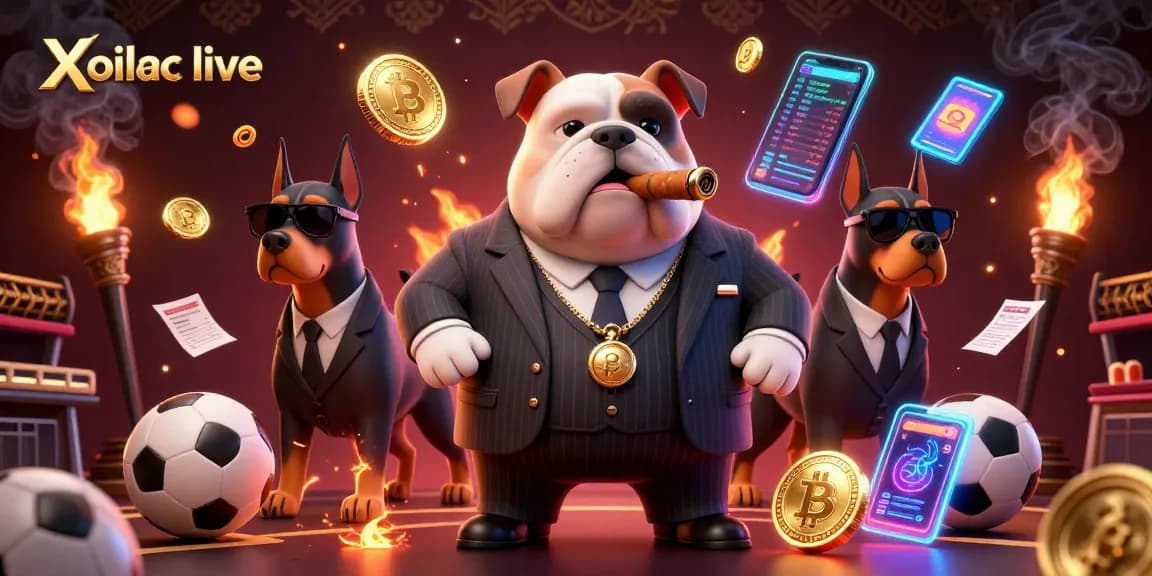 Xoilac live sports betting scene with mafia bulldog and Dobermans, showcasing vibrant casino elements