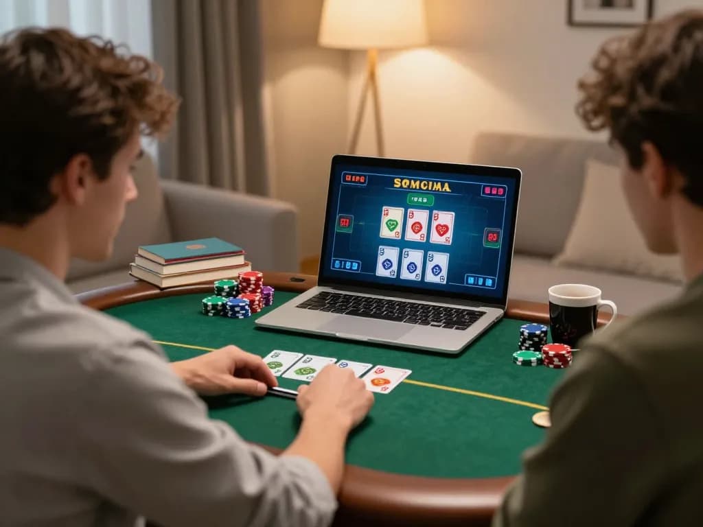 Engaged player at home playing poker online on RR88, showcasing strategy and excitement.