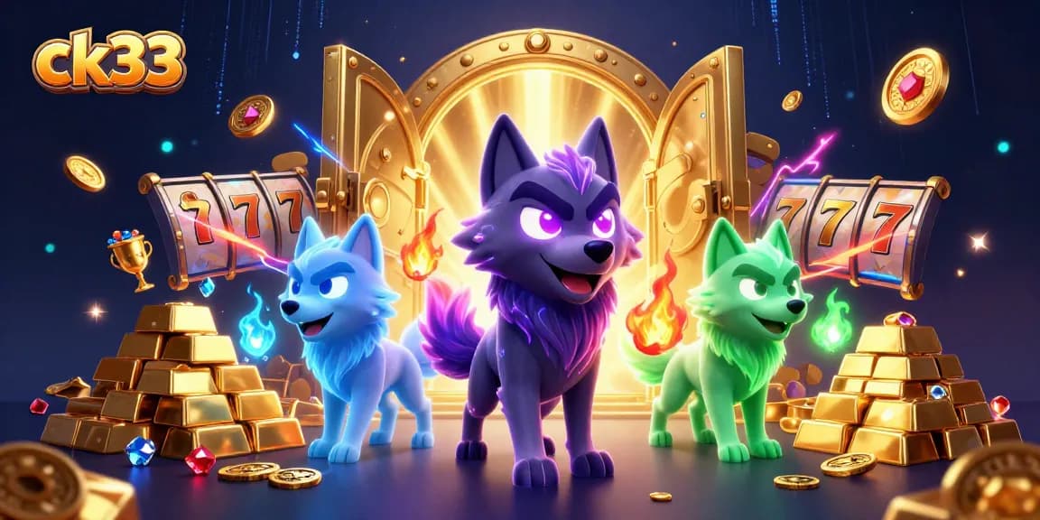 Engage with ck33 slots in a vibrant casino-themed illustration featuring spectral wolves and treasure.