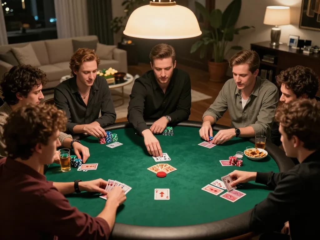 Playing poker at home with friends, showcasing the engaging atmosphere of 566's gaming environment
