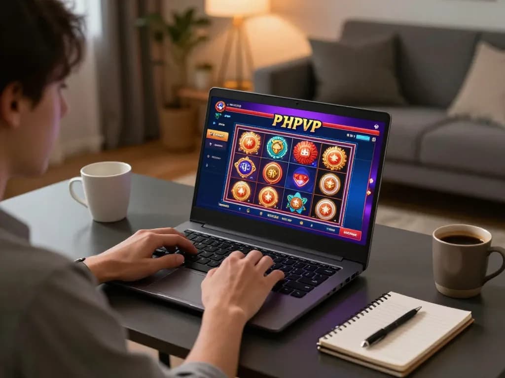 Engaging online gaming experience at PHPVIP, showcasing a player enjoying casino slots on a laptop.