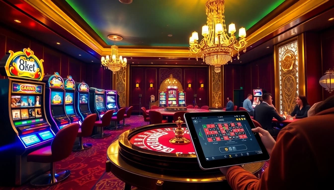Players enjoy immersive gaming experiences at 8kbet's luxurious casino atmosphere.