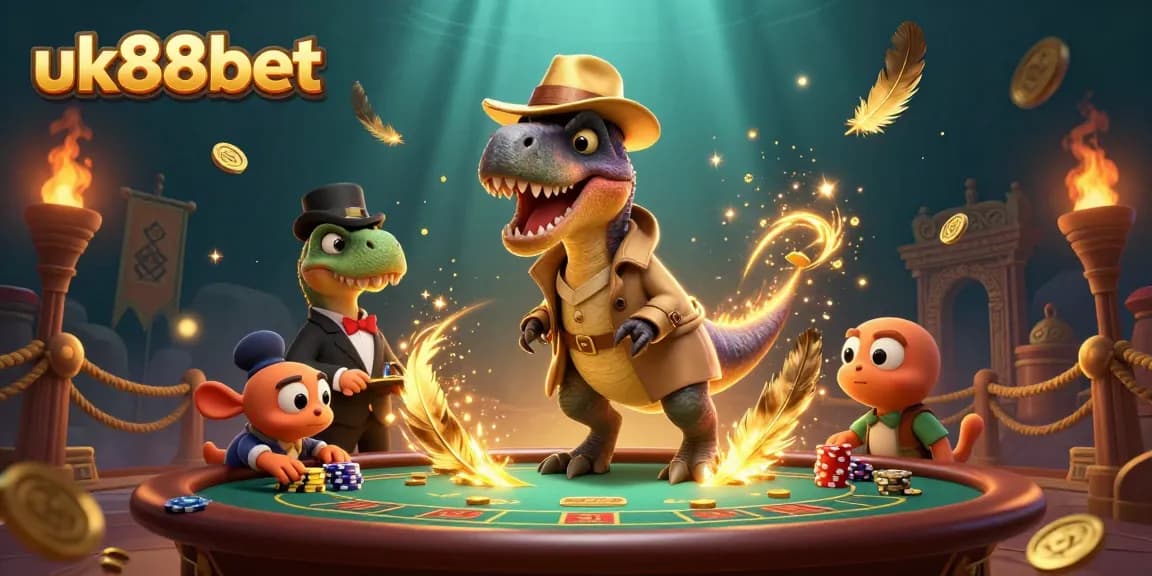 Experience thrilling gameplay at uk88bet with a velociraptor card counter amidst vibrant casino elements and dramatic lighting.