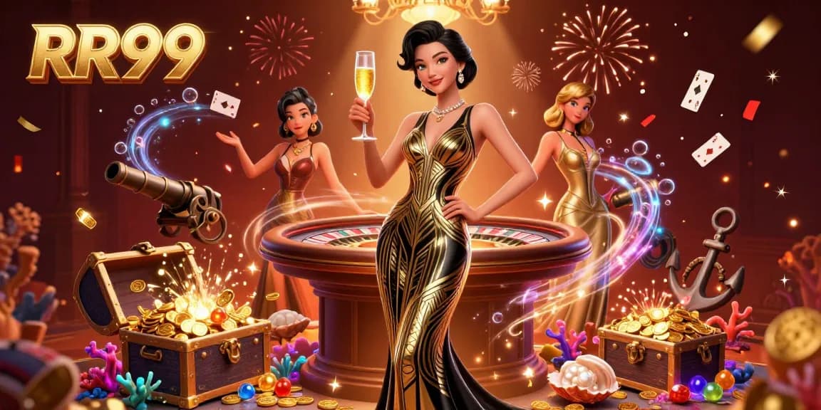 Play and win with RR99 at an elegant casino featuring vibrant gold elements and dynamic gameplay.