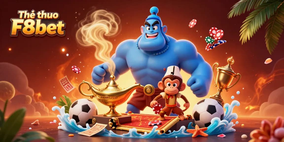 Engage in thrilling sports betting at Thể thao F8bet with dynamic illustration of a genie, monkey, and poker elements.