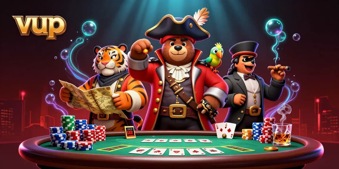 vup showcases a vibrant pirate-themed casino scene with dynamic card action and colorful poker elements.