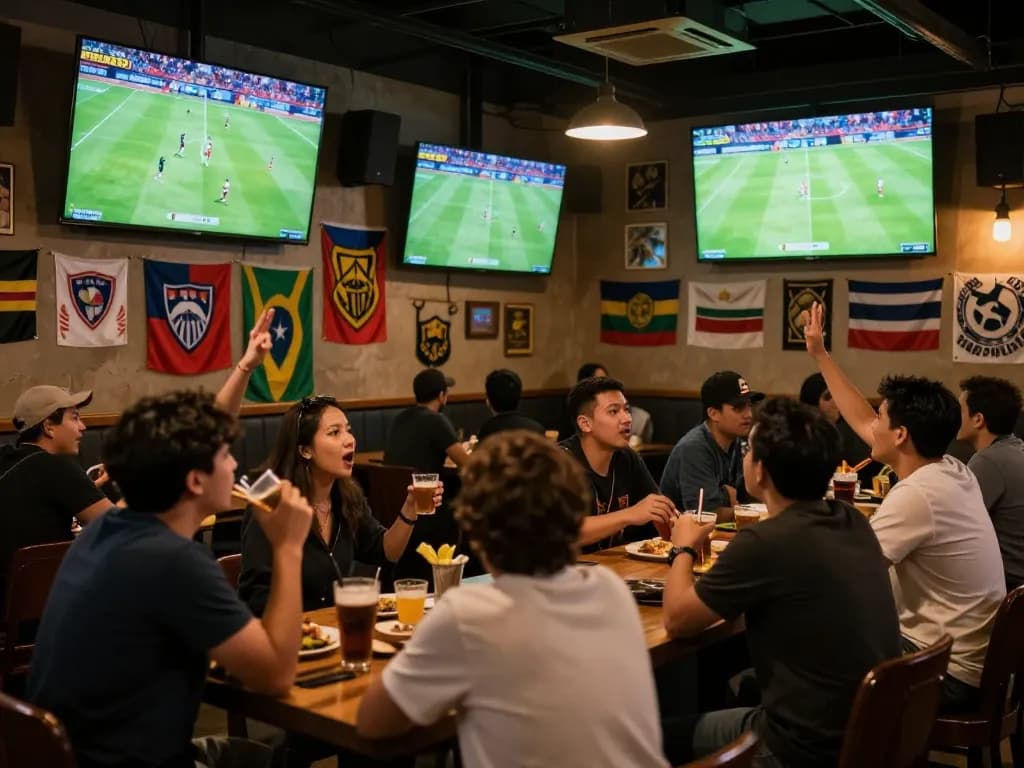 Watch bóng đá trực tiếp in an energetic sports bar with fans celebrating and placing bets.
