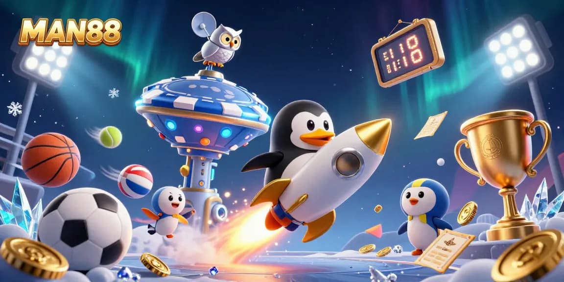 Experience the thrill of MAN88 as the golden penguin blasts towards victory in a cosmic casino adventure!