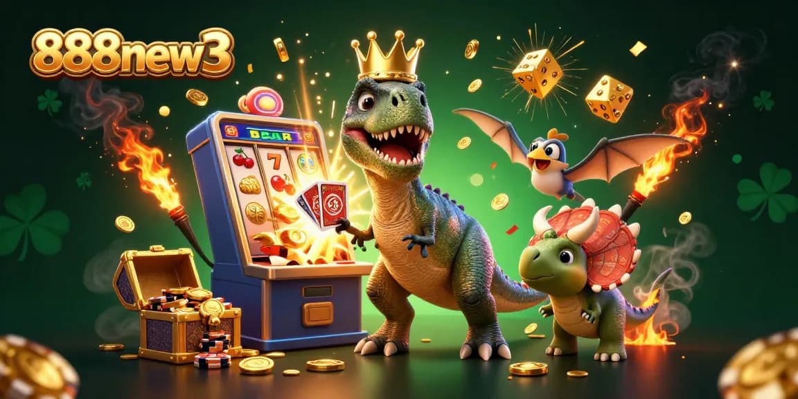 Spin the reels with 888new3 featuring a T-Rex dealer and vibrant casino elements.