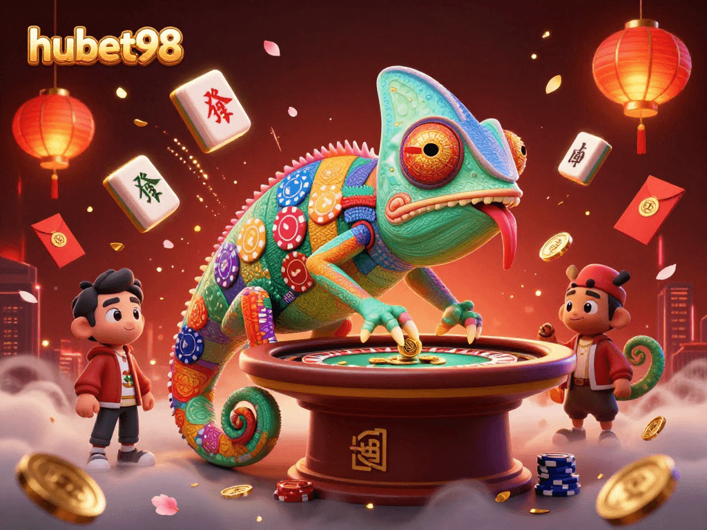 Spin to win with hubet98: A colorful chameleon casino owner surrounded by festive gaming elements.
