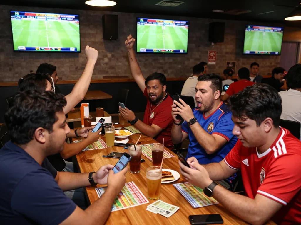 Sports fans engaging with tỷ lệ kèo nhà cái hôm nay through betting apps in a lively bar setting.