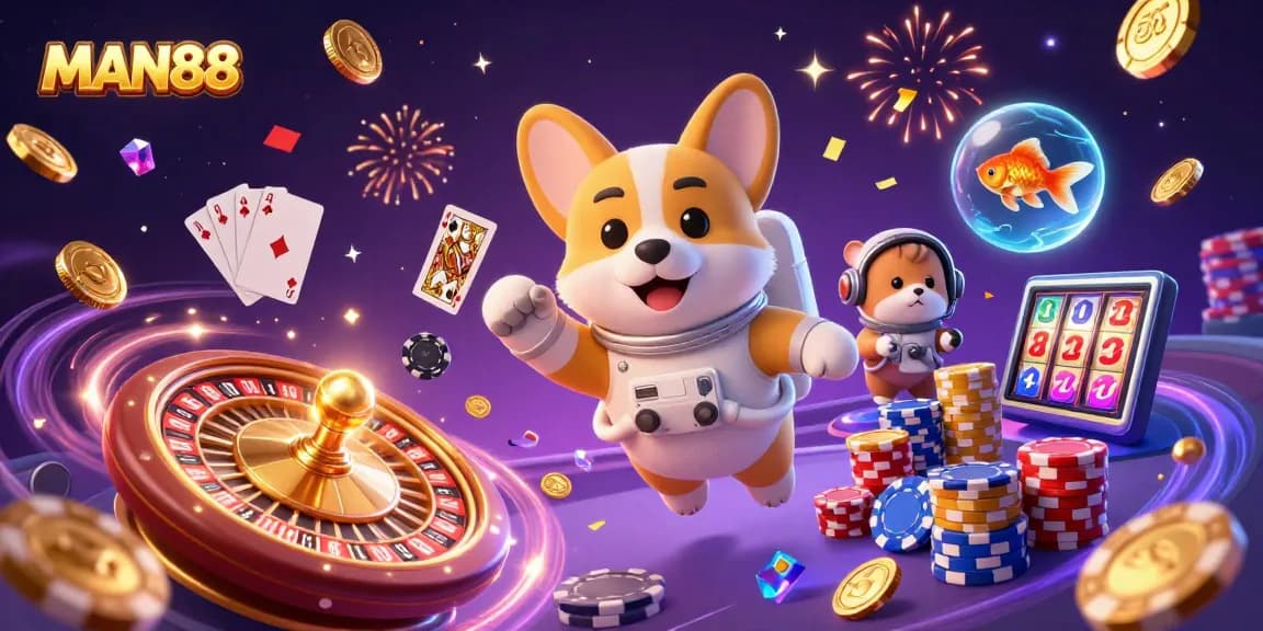 Engage with MAN88 in a vibrant space casino scene featuring a playful astronaut corgi.