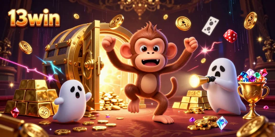 Engage with 13win's exciting casino atmosphere featuring ghostly characters and golden treasures.