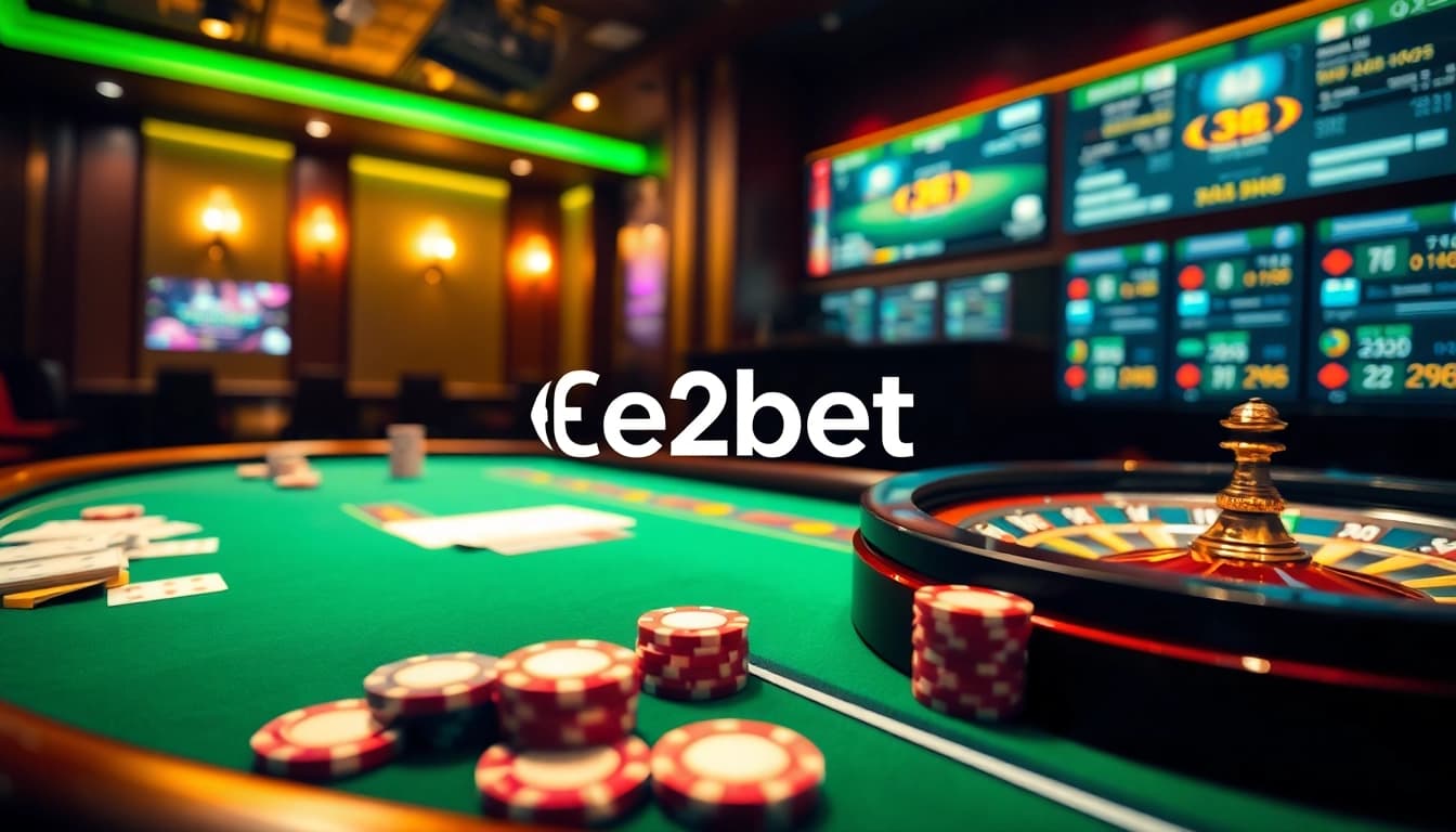 E2bet logo featured in an elegant casino scene with poker tables, roulette wheel, and online gaming interfaces.