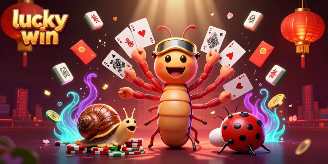 Experience the thrilling action at lucky win's vibrant digital casino with unique characters and floating game elements.