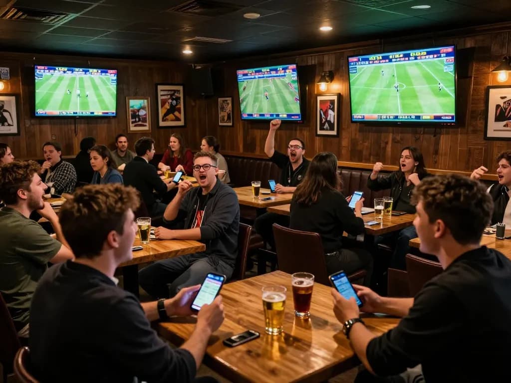 Engaged bettors placing their bets on kèo nhà cái hôm nay in a lively sports bar atmosphere