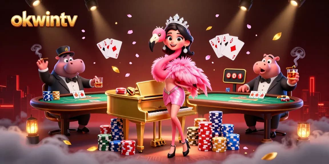 Engage with okwintv, enjoy dynamic gaming experiences, and vibrant casino ambiance amidst colorful poker elements.