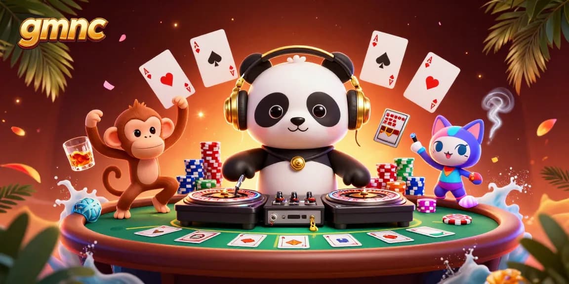 Experience vibrant gambling with gmnc as a DJ panda spins roulette wheels, surrounded by playful characters.