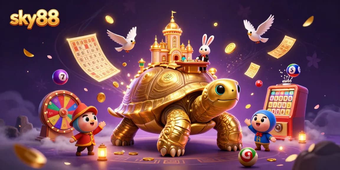 Experience the excitement of sky88 casino with vibrant games and golden wins in this 3D illustration.