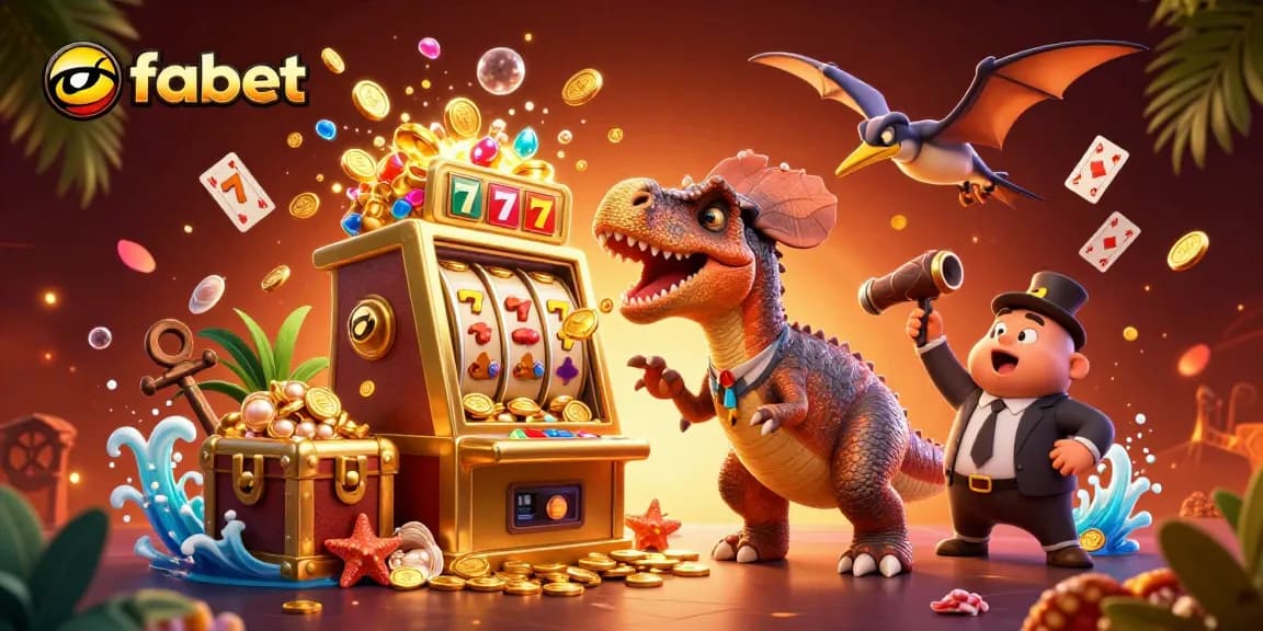 Experience winning moments at fabet with a dinosaur hitting the jackpot at a vibrant casino scene.