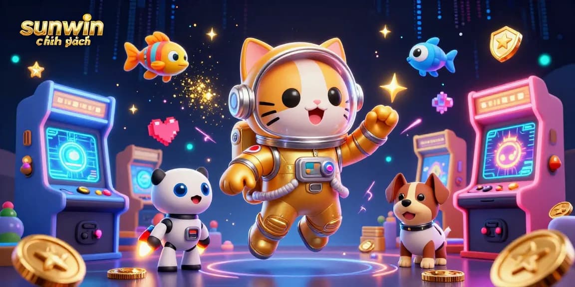 Engage with the vibrant world of sunwin chính hãng, where a space cat and robot dog explore a cosmic gaming universe.