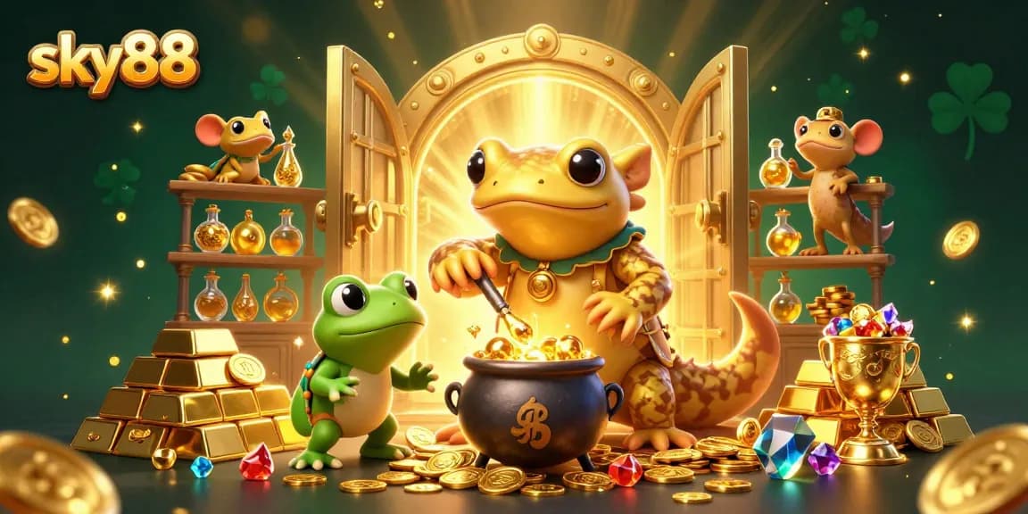 Engage in thrilling gameplay at sky88 with a golden treasure scene full of casino riches.