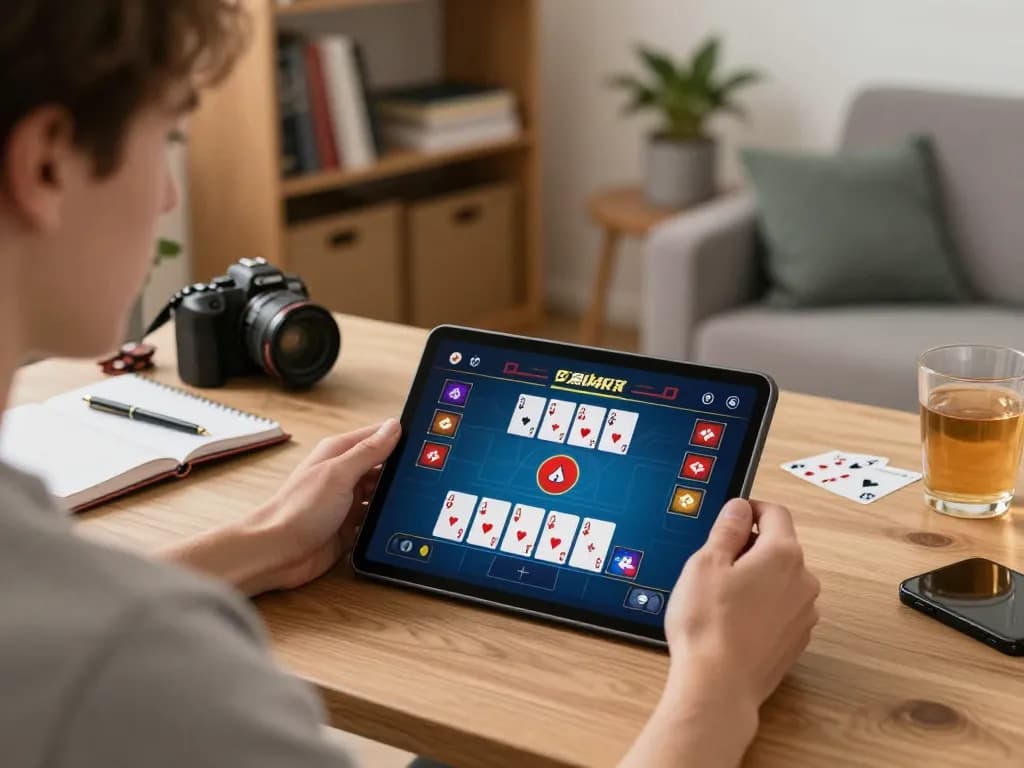 a23win player engaged in strategic online poker at home with cozy decor and warm lighting