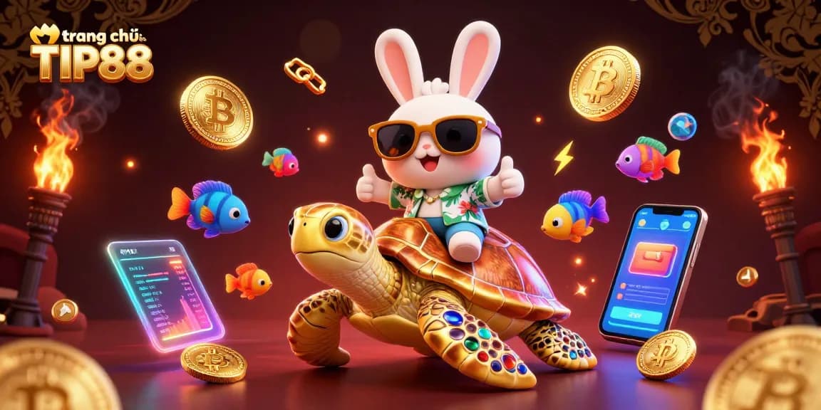 Experience the excitement at trang chủ TIP88 with a vibrant 3D casino scene featuring a lucky rabbit and sea turtle!