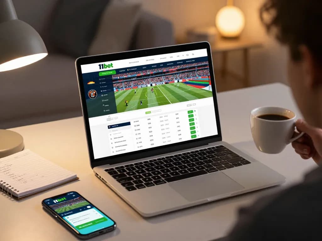 Engaging with 11bet's online sports betting platform on a laptop at home, showcasing live betting excitement.