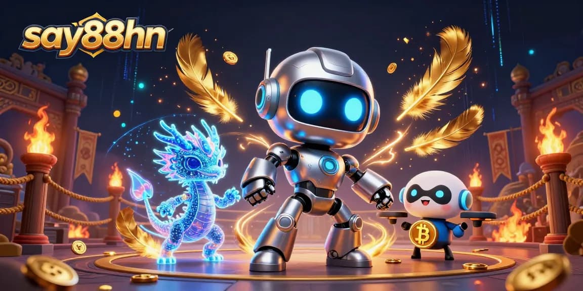 Exciting gambling experience at say88hn with a robot, dragon, and bitcoin in a vibrant casino setting.