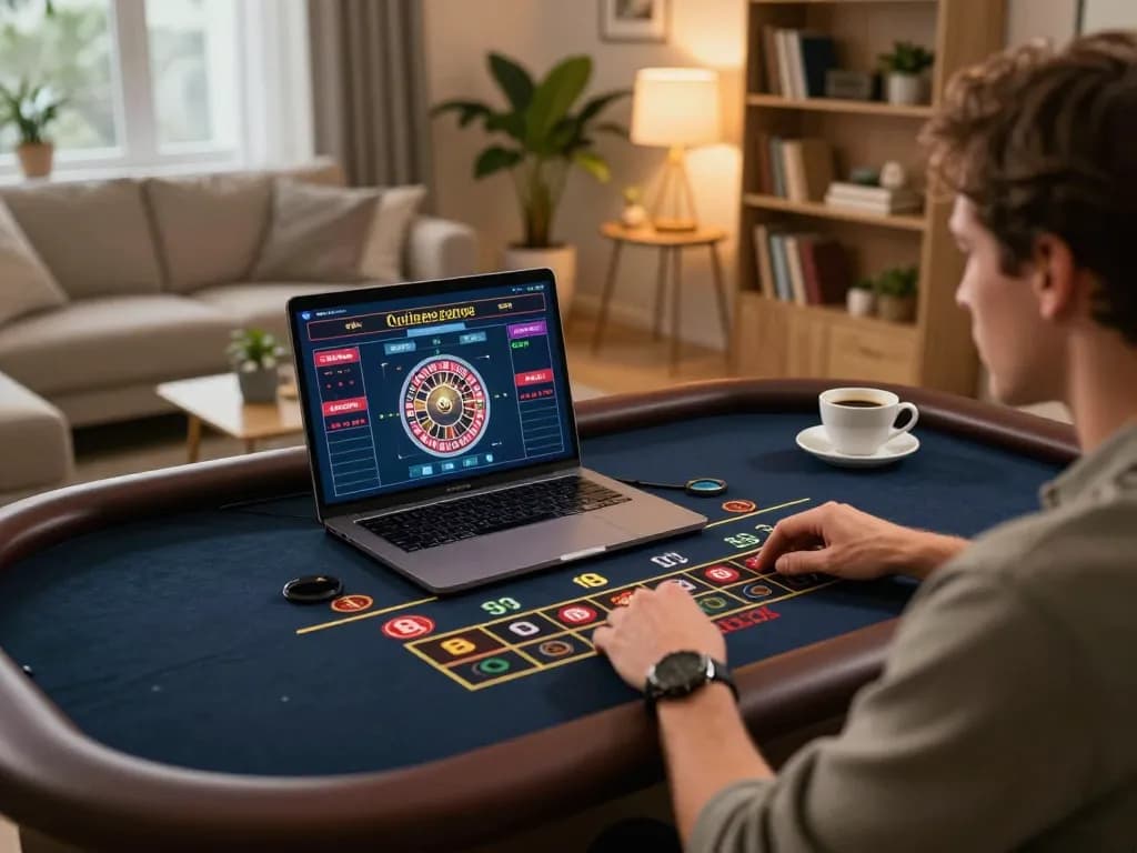 Player strategizing on 79club com during a live dealer roulette session in a cozy home setting