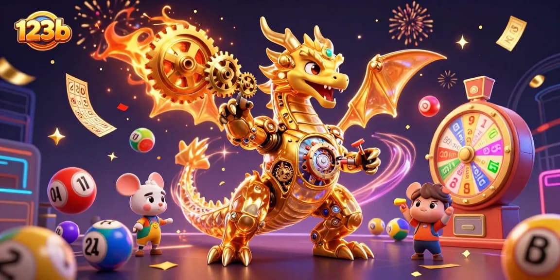 Engage with thrilling 123b games under a dazzling golden dragon scene, featuring dynamic lottery elements.