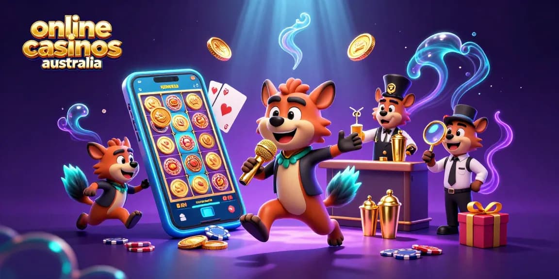 Illustration showcasing online casinos Australia with hyena characters in a vibrant casino scene