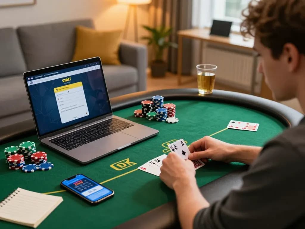 Player engaging in online poker at home using OXBET app with chips and strategy notes visible.