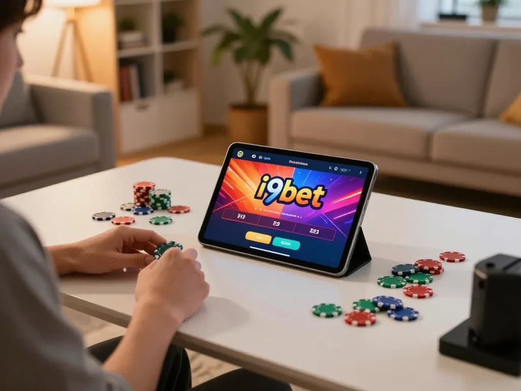 Person enjoying the i9bet casino app on a tablet in a cozy home setting with vibrant gaming atmosphere.