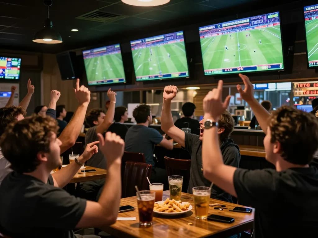 Engaged fans enthusiastically enjoying bóng đá trực tiếp in a lively sports betting atmosphere.