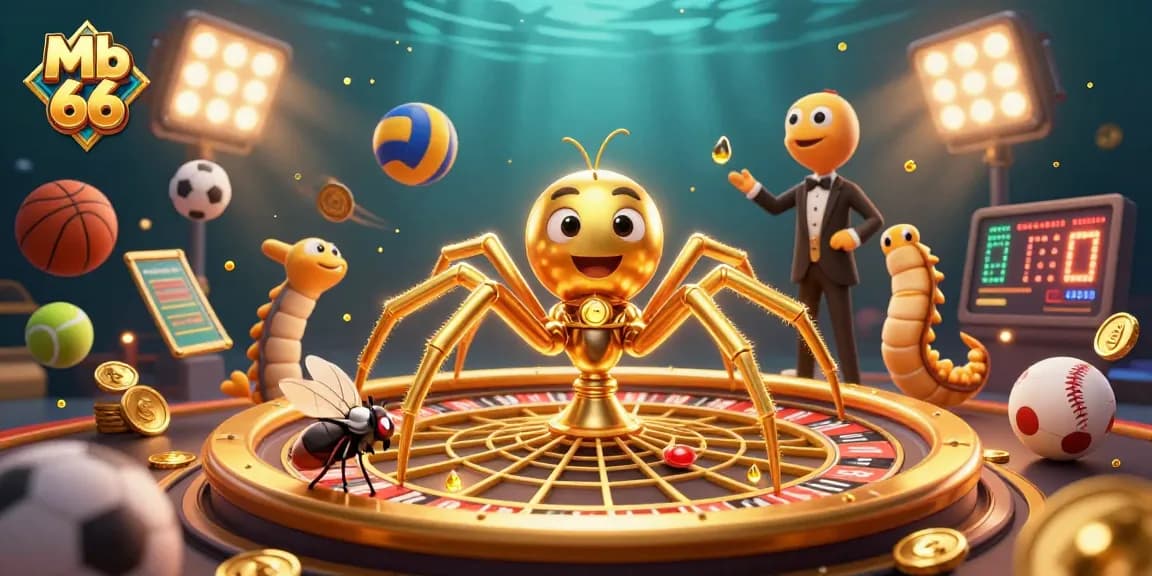 Experience thrilling bets at Mb 66 with a dynamic casino-themed 3D illustration featuring a spider and croupier.