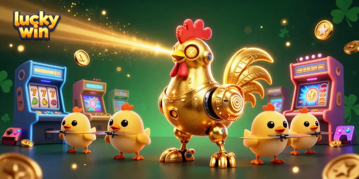 Experience the excitement of lucky win with vibrant casino elements and a retro-futuristic character in this 3D illustration.