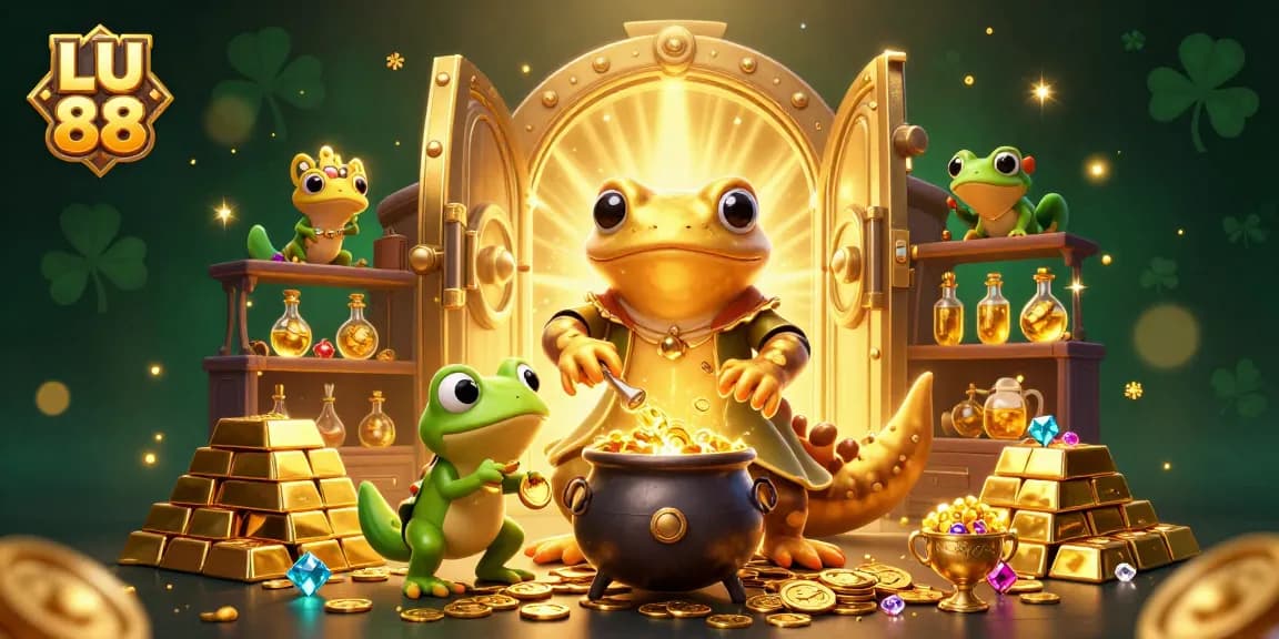 LU 88 welcomes players with a magical casino scene, showcasing gold coins and vibrant treasures.
