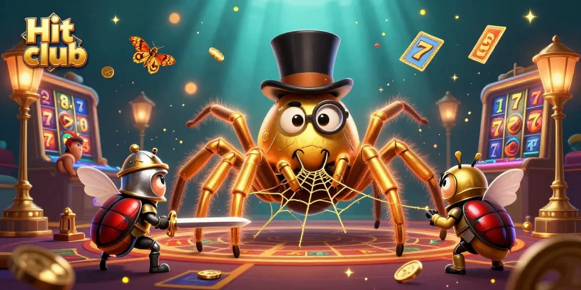 Experience the excitement of Hit club with a golden tarantula and beetle knight amidst dynamic casino elements.