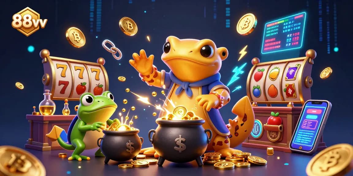 Engage with thrilling gaming at 88vv featuring a dynamic scene of an alchemist and assistants in a casino-themed laboratory.