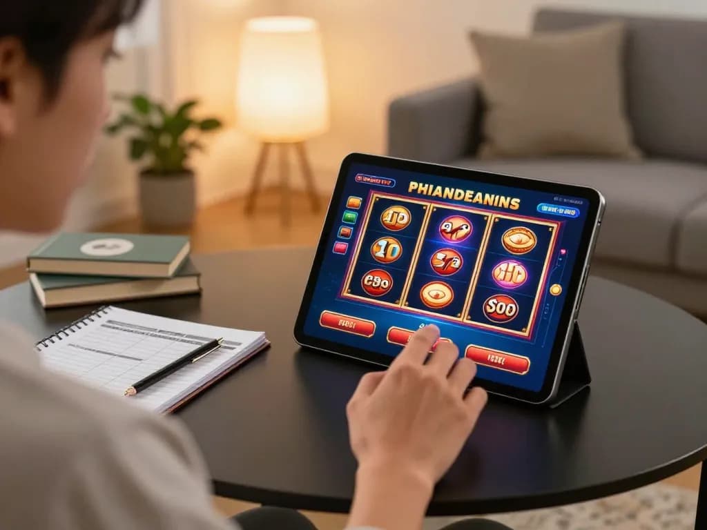 Engaging in online slots on a tablet while practicing bankroll management at home, showcasing 98win9 as a strategic gaming choice.