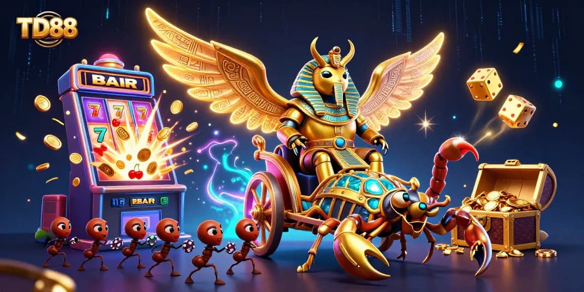 Engage in thrilling gaming experiences at TD88, featuring a vibrant casino illustration showcasing jackpots and game action.